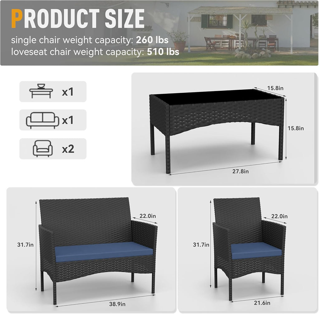 Patio Furniture Set 4 Pieces Outdoor Wicker Rattan Chairs Conversation Sets w/Coffee Table