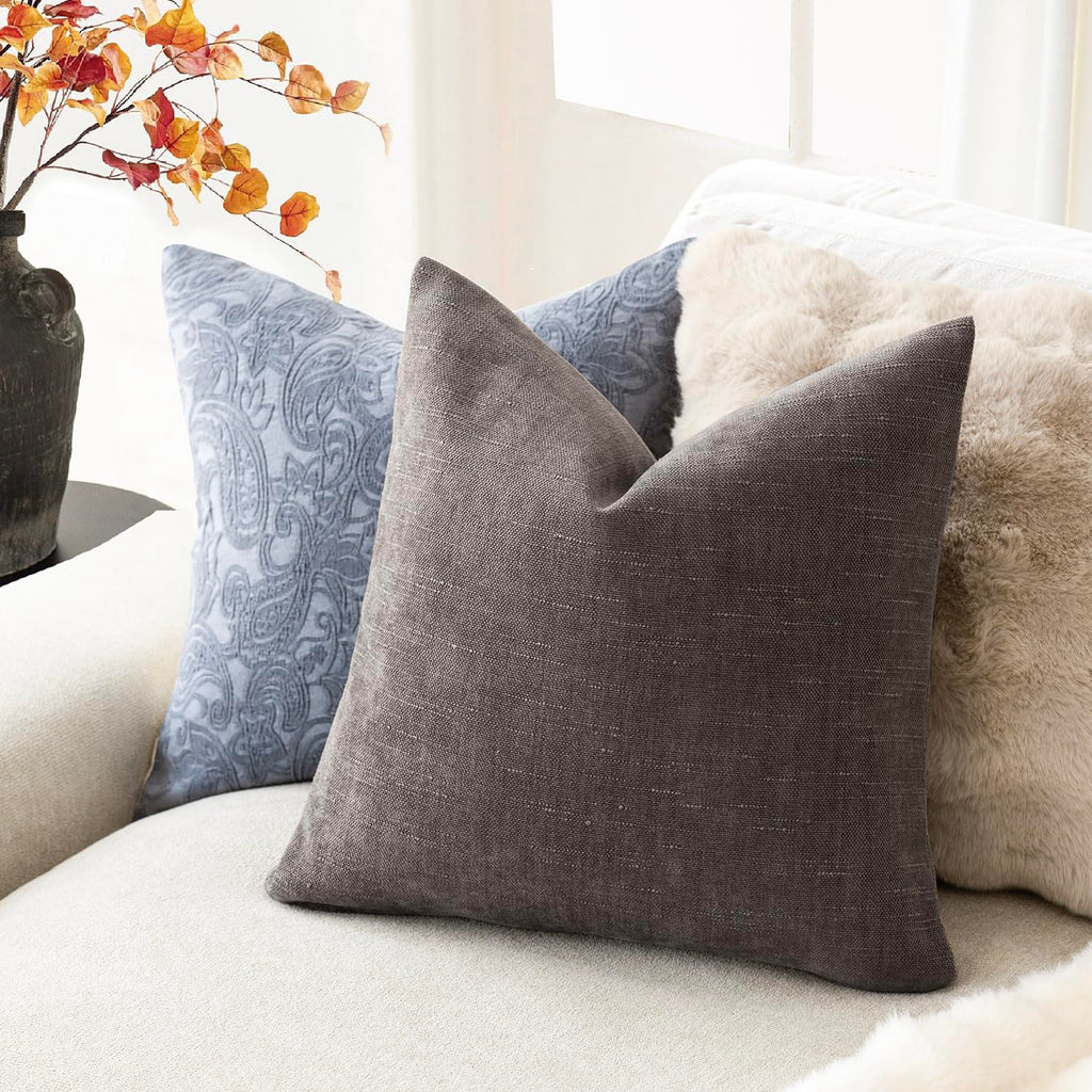 Solid Textured Chenille Throw Pillow Covers 20x20 Inch, Charcoal