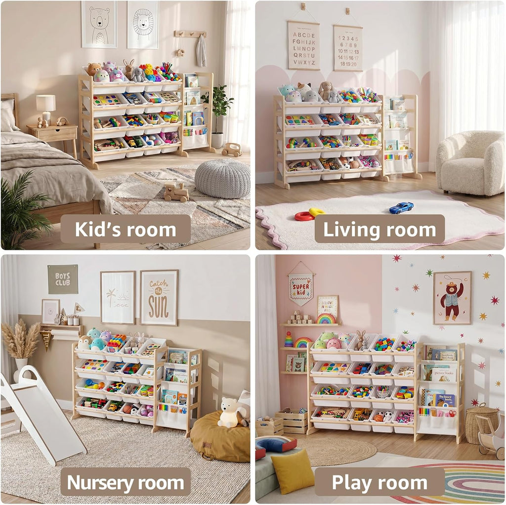 Toy Storage Organizer with Bookshelf - Wooden 12 Bins Kids Toy Organizer Rack, Solid Pine Wood, Toys Box for Toddler