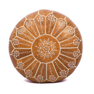 Handmade Pouf Ottoman Cover, Unstuffed Foot Stool, Round Boho Footrest Decor Gift (Tan Ornate)