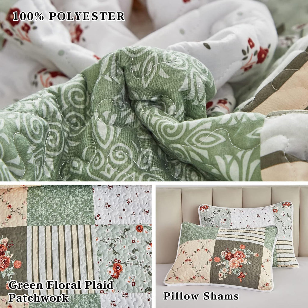 Patchwork Quilt Set Full/Queen, 3 Pieces Green Floral Plaid Summer Bedspread Coverlet Set, Soft Microfiber Reversible