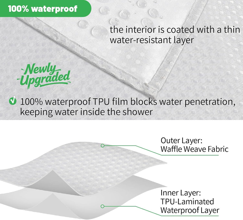 No Hook Waffle Shower Curtain, No Liner Needed, 71x74 Inch, White | 100% waterproof TPU-laminated backing, magnetic