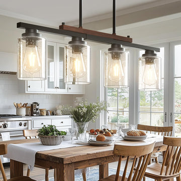 Dining Room Light Fixture 4-Light Kitchen Island Lighting with Adjustable Rods, Farmhouse Decor Black Metal & Wood
