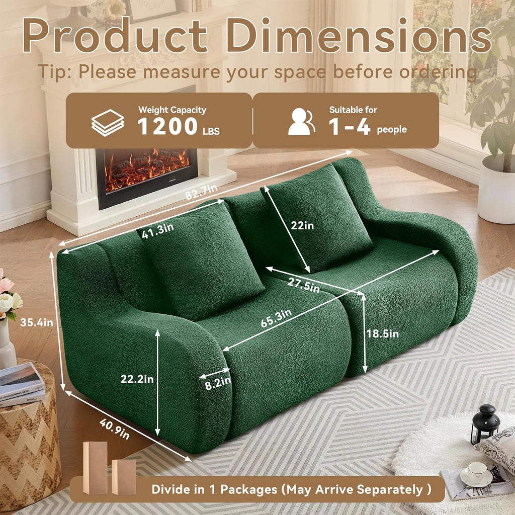 81.7" Loveseat Sofa, No Assembly, Streamlined Design, Modern Small Couch with Plush Teddy Fabric (Green)