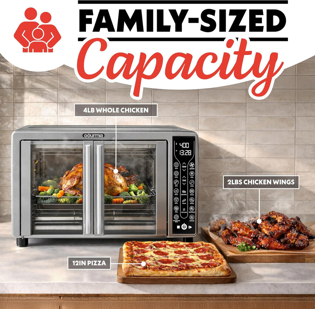 French Door Air Fryer - 25 Qt Large Capacity Convection Oven, Fryfroce 360°, Digital Display with 17 Cooking Presets