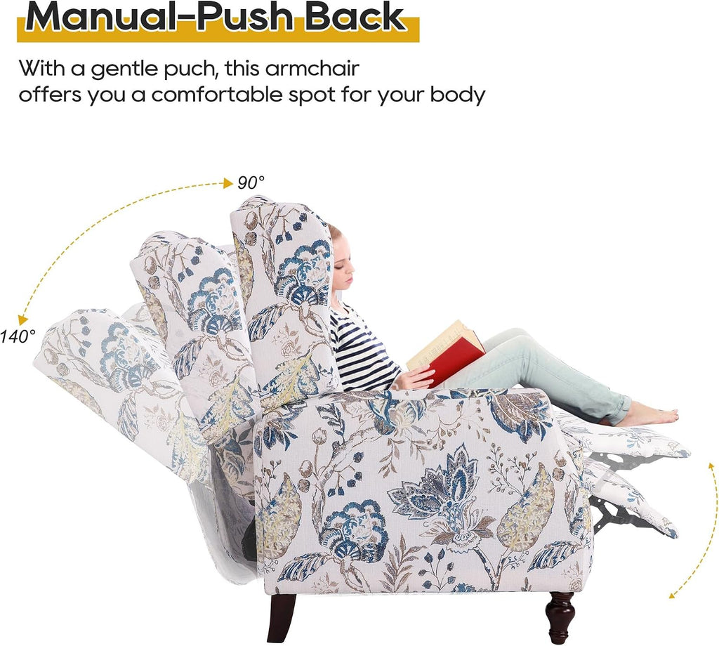 Mid Century Modern Wingback Recliner Chair for Adults, Push Back Upholstered Accent Chair with Floral Fabric, Manual
