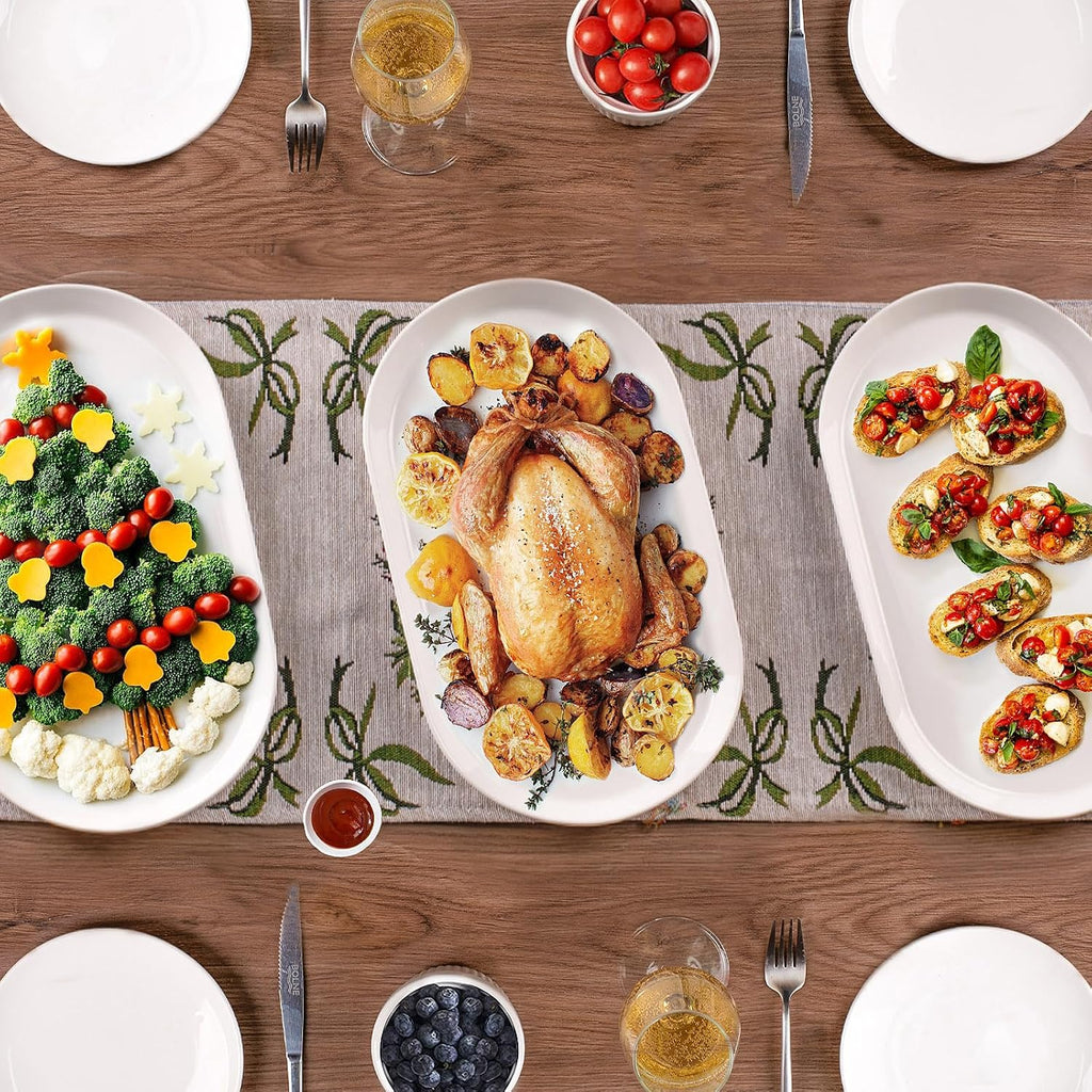 14" Oval Serving Platter Set of 3 - Ceramic Large White Platters for Entertaining Party, Serving Plates for Turkey