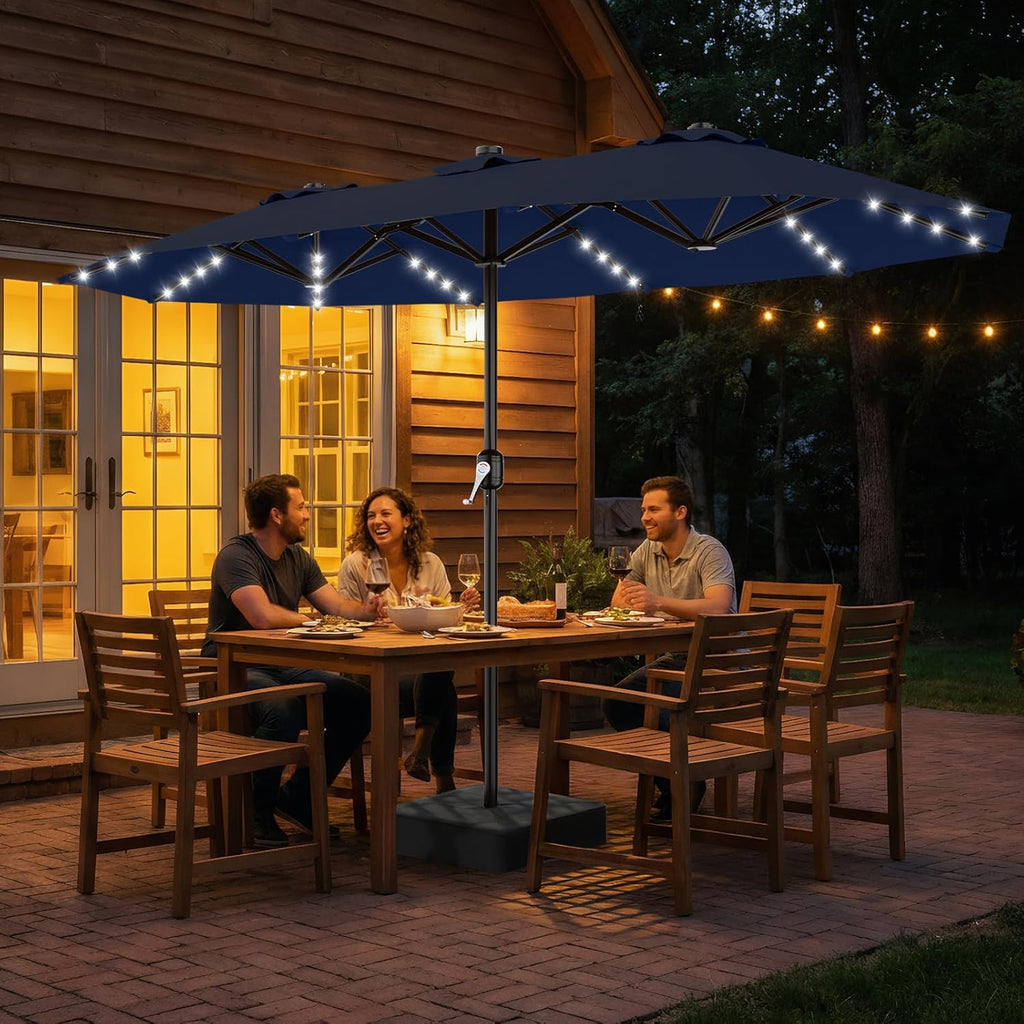 13 FT Patio Umbrella with Solar Lights, Double-Sided Outdoor Table Umbrellas with Crank
