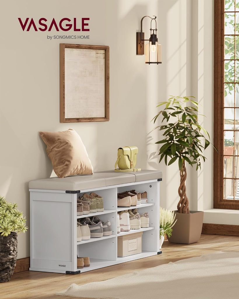 Shoe Storage Bench with Removable Cushion, Shoe Rack with Padded Seat, Entryway Bench with 6 Open