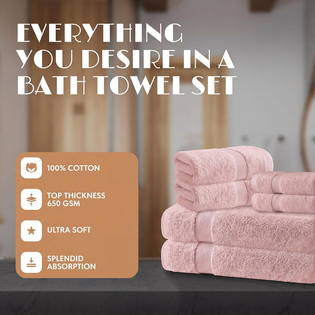 Pink Bath Towel Set of 6-100% Cotton Highly Absorbent Towels , 2 Luxury Bath Towels 650GSM, 2 Hand Towels, 2