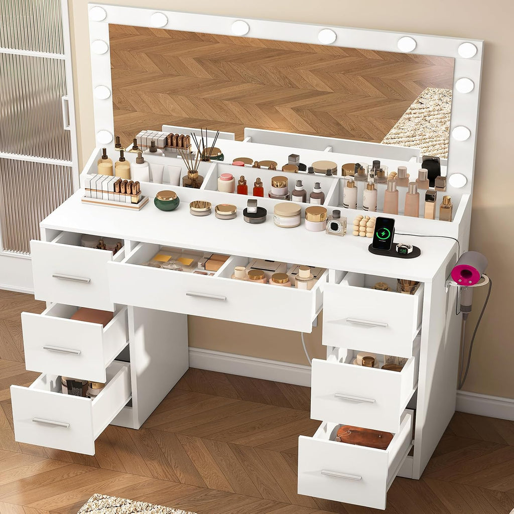 Vanity with Large Mirror and 12 LED Lights, Vanity Desk with 7 Drawers & Hairdryer Holder, Makeup Vanity Desk with