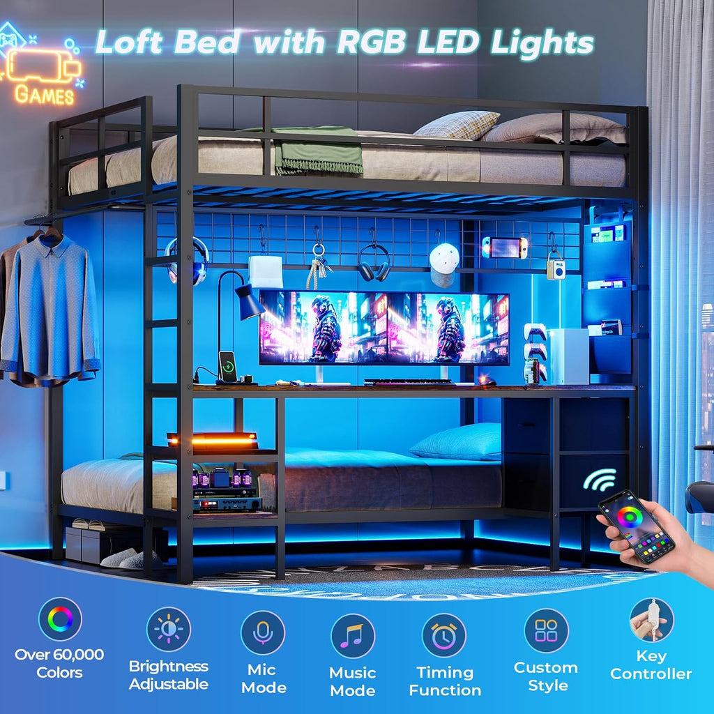 Full Over Twin Bunk Bed with Desk and Charging Station Metal Full Over Twin Bunk Bed with Led Lights,Storage Shelves