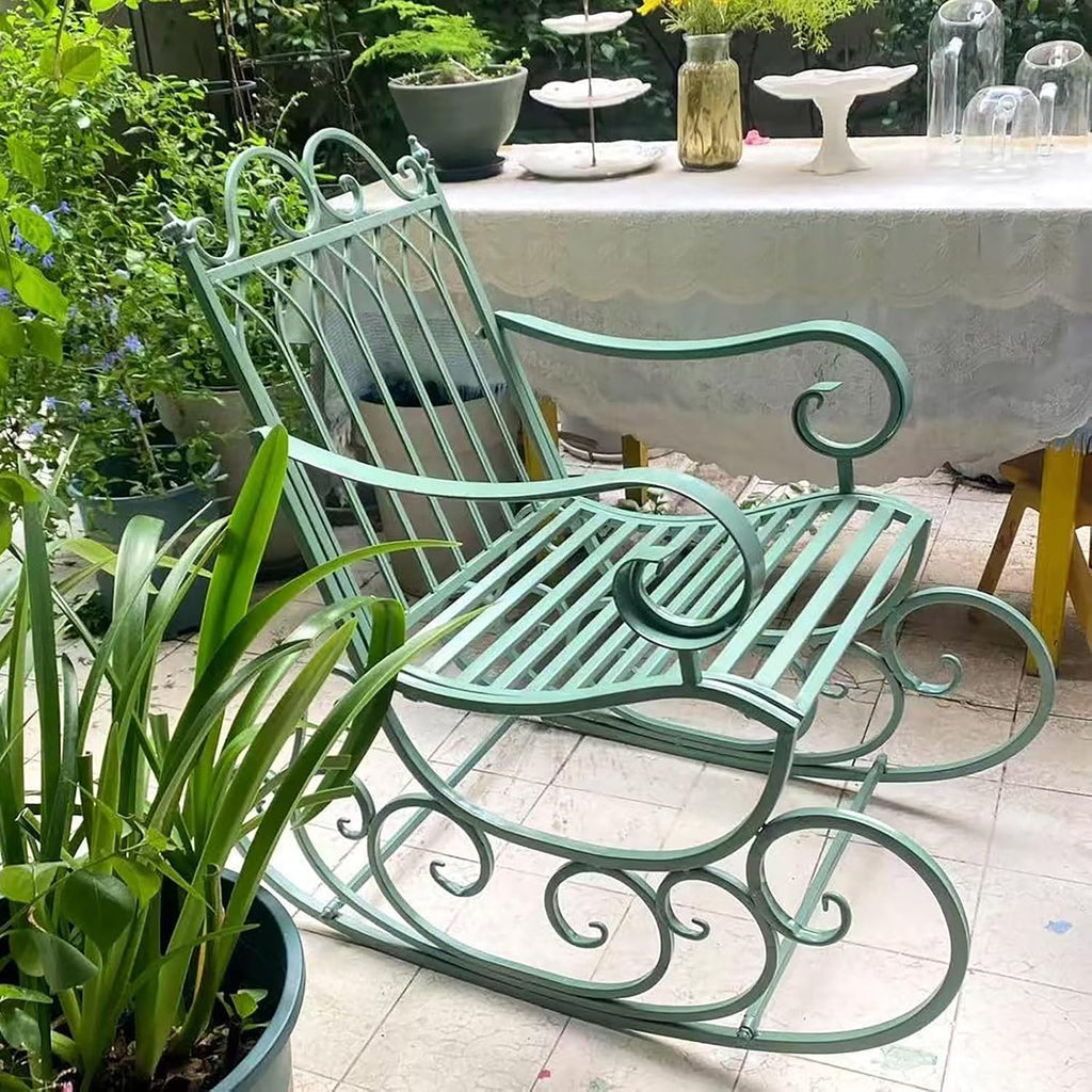 Vintage Wrought Iron Patio Rocking Chair, Ironwork Single and Double Outdoor Garden Benches, Durable Metal Porch