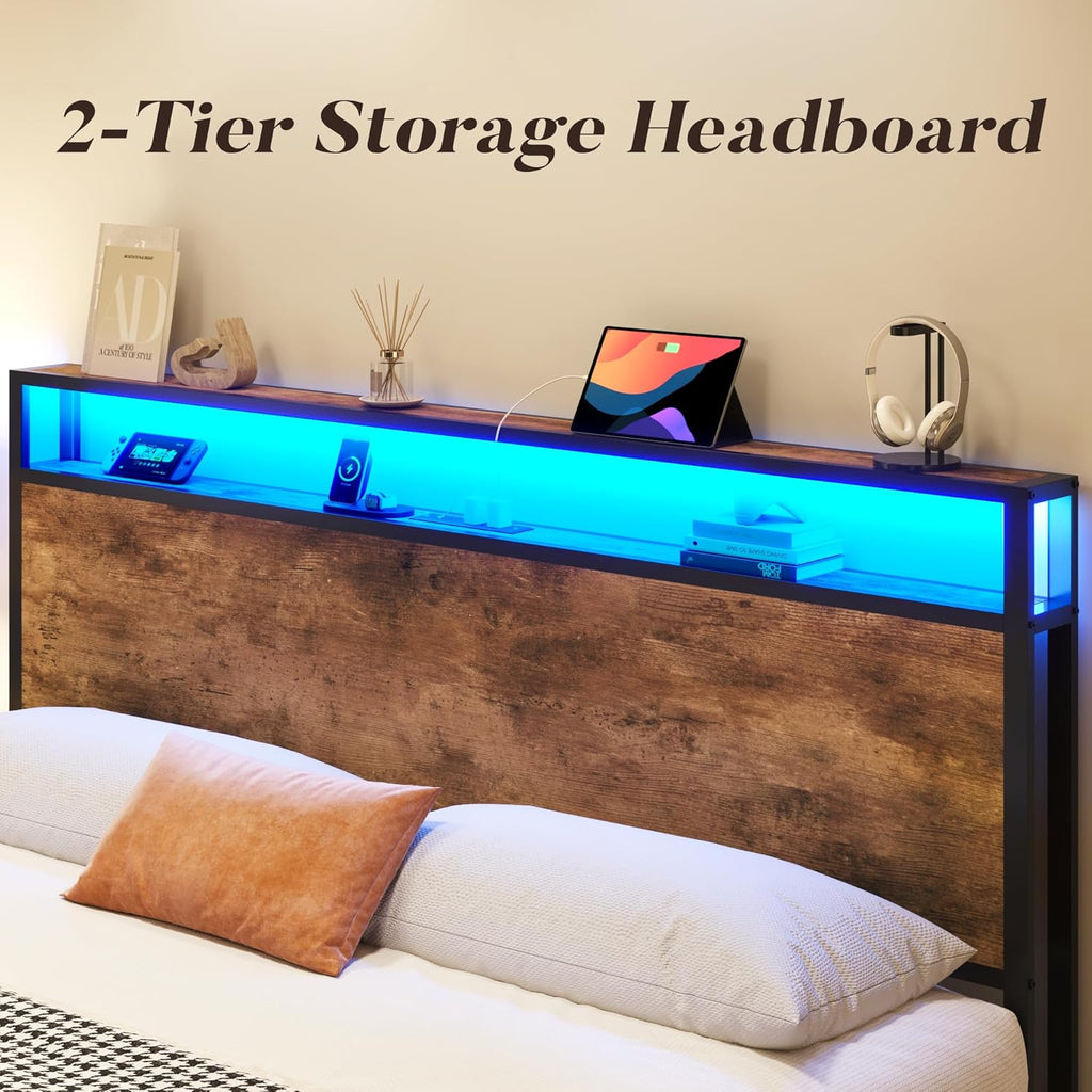 Queen Bed Frame with 2-Tier Storage Headboard, Metal Platform Bed Frame with 4 Storage Drawers