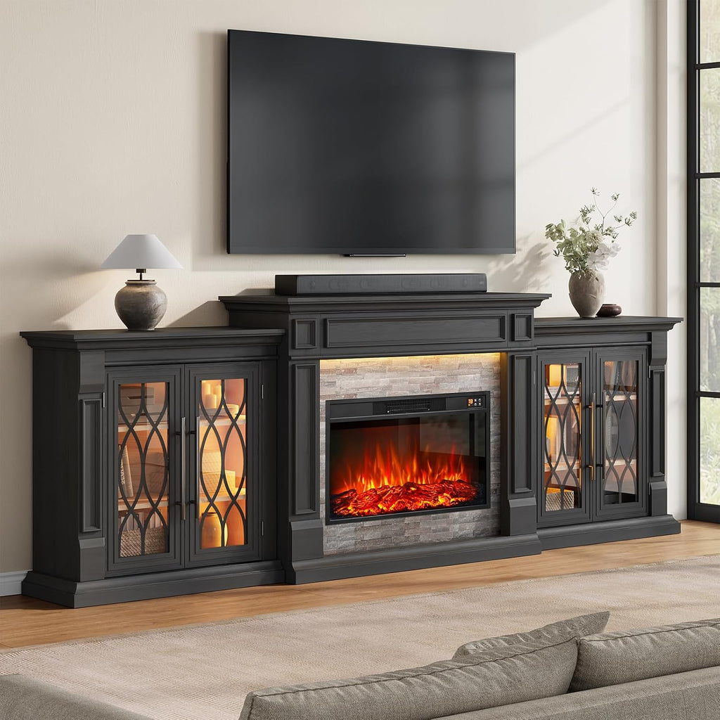 104" Sectional Fireplace TV Stand with LED/Outlet, 3 in 1 Modular | Media Entertainment Center with Storage for TVs
