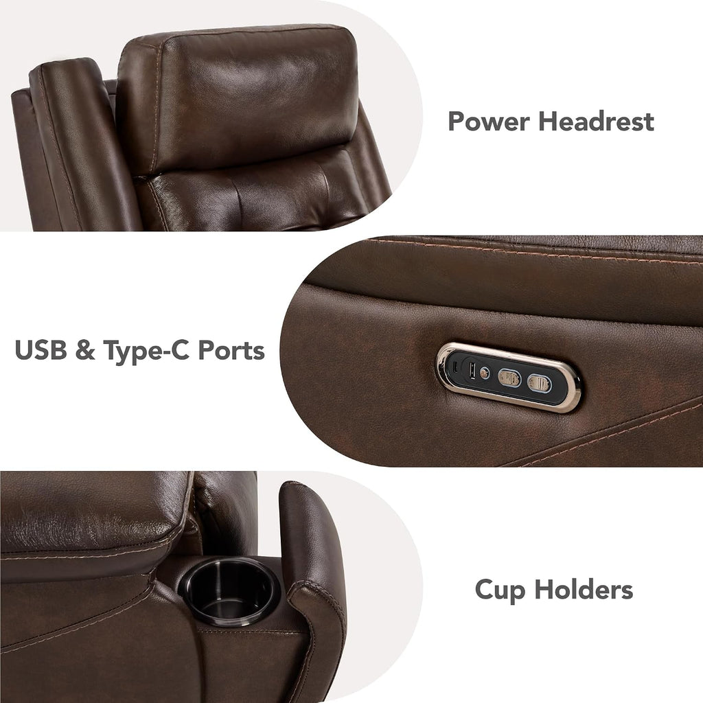 Genuine Leather Power Recliner Chair for Adults, Wall Hugger Recliner with Power Headrest, Cup Holders & Charging
