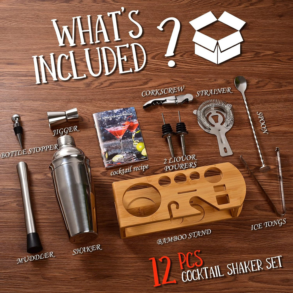Cocktail Shaker Set Bartender Kit : 12-Piece Bar Tool Set with Bamboo Stand | Bars Set with All Practical Bar