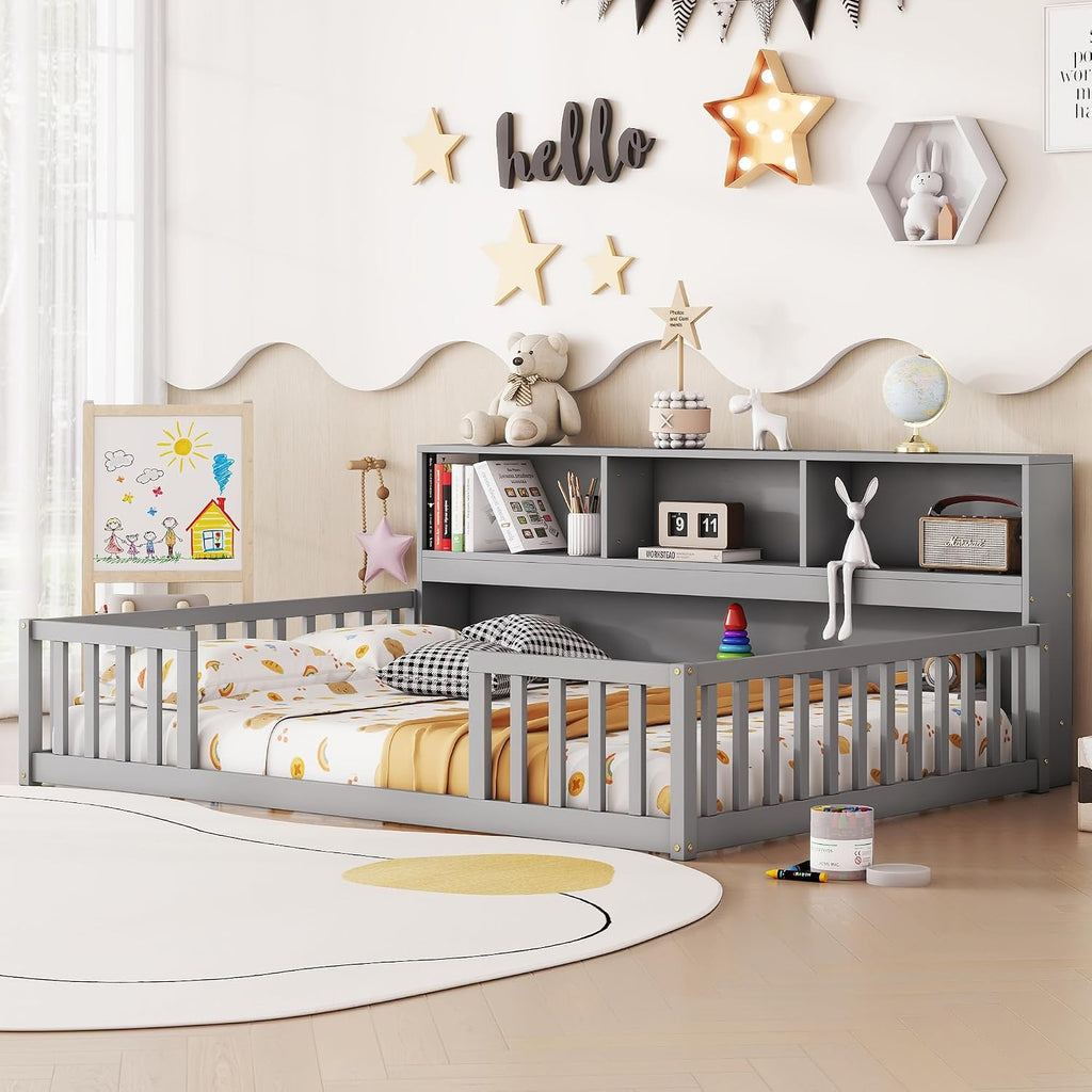 Kids Montessori Floor Bed,Full Size Floor Bed with Bookcase and Shelves,Full Bed Frame with Guardrails for