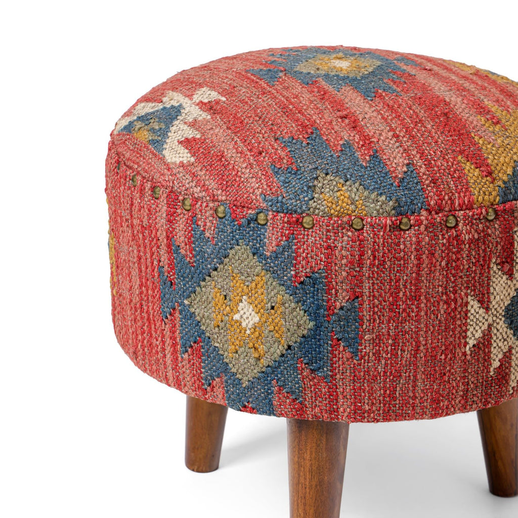 Handmade Kilim Jute Pouf Ottoman Stool | Round Upholstered Seating with Acacia Wood Legs | Decorative Foot Rest