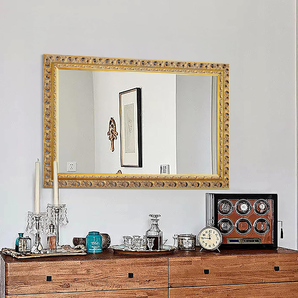 25"x37" Solid Wood Gold Leaf Wall Mirror, Ornate Decor Mirror, Cut-out Carvings Solid Wood Frame