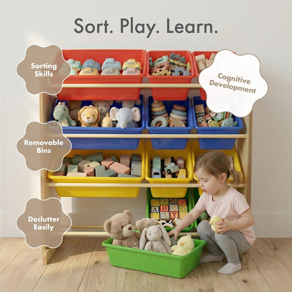 Kids' Toy Storage Organizer with 12 Plastic Bins, Natural/Primary, Model Number: WO560