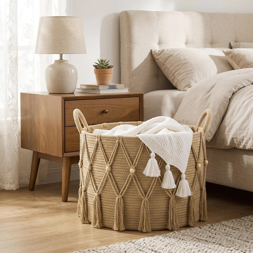 Boho Blanket Basket Laundry, 20 x 13",Beige | Woven Design, Large Decorative Basket with Bead Tassels Handles, for