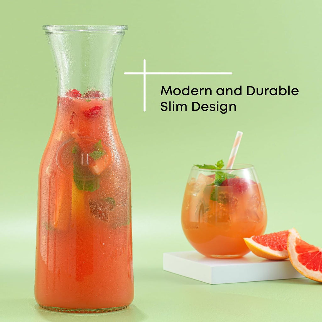 Glass Carafe with Lid, Set of 3 - 1 Liter Glass Pitcher for Mimosa Bar, Water, Iced Tea, Juice, Wine, Lemonade, Milk