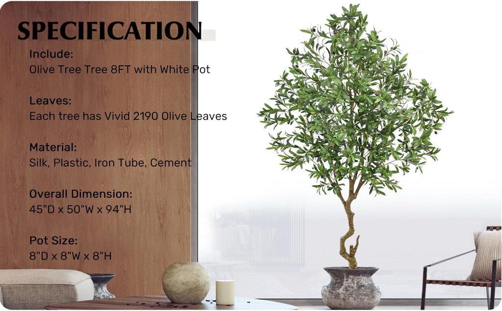 Artificial Olive Tree 8FT with 2190 Leaves & Matte White Planter