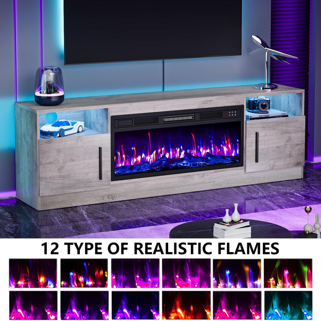 Fireplace TV Stand with 36" Fireplace Up to 80" TVs, 70" Entertainment Center with LED Lights, Remote Control, TV