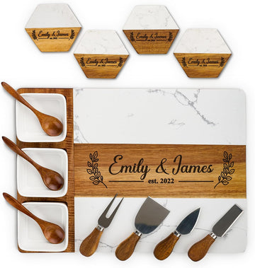 Personalized Acacia Wood & Marble Charcuterie Board - Custom Engraved Cheese Board with Knife Set - Perfect Wedding &