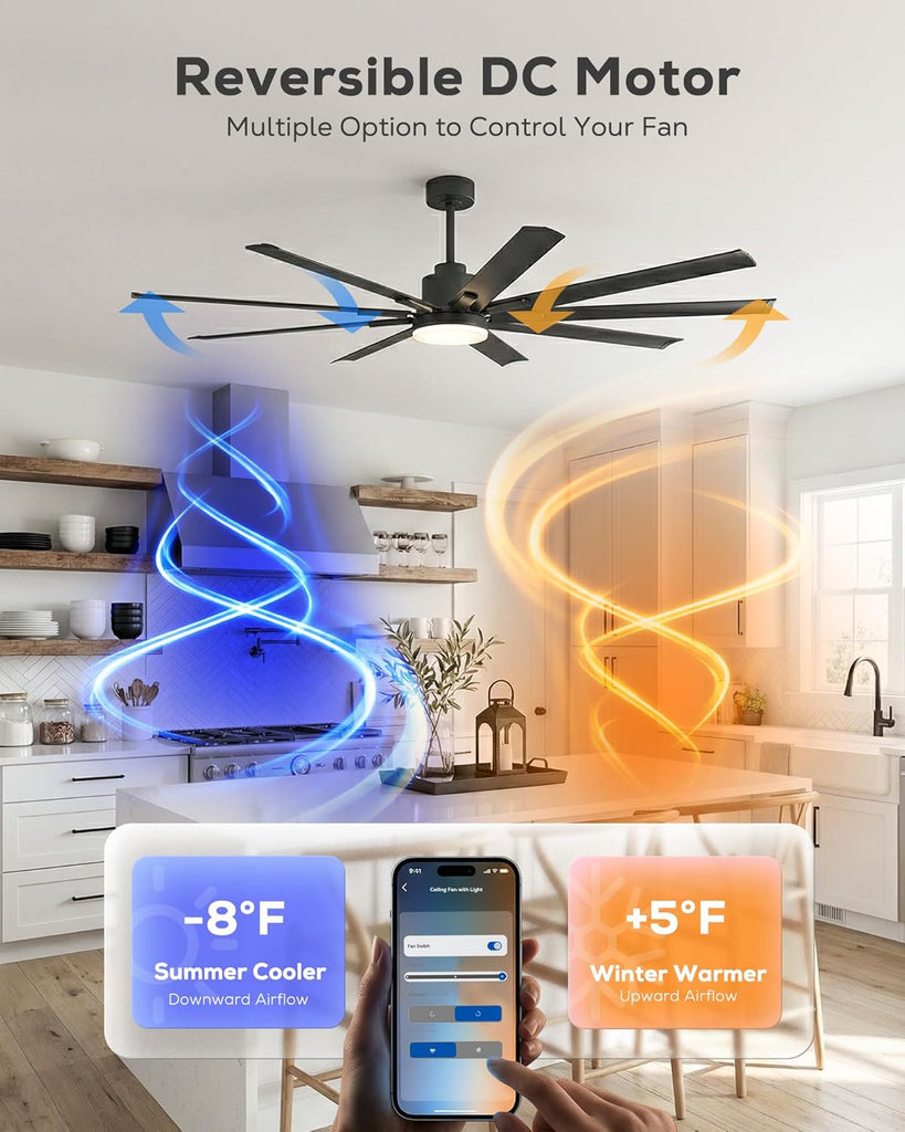 72 Inch Smart Ceiling Fan with Light, Industrial 8-Blade Black Aluminum Metal Outdoor Ceiling Fan
