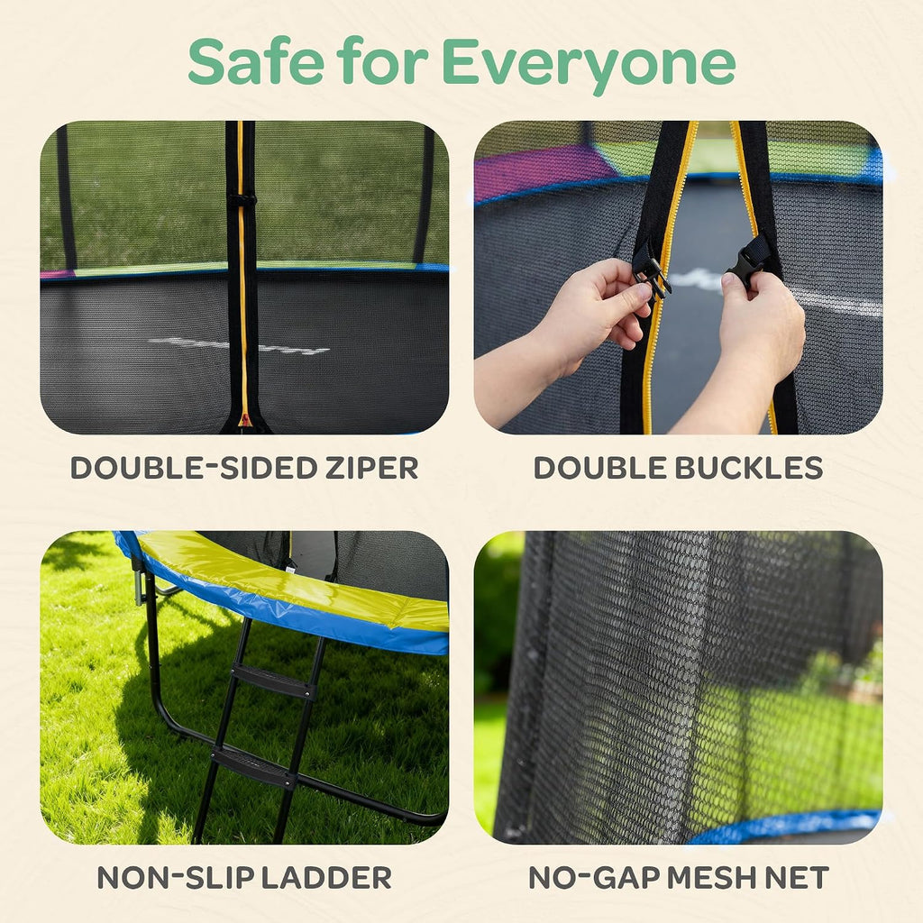Trampoline - with LED Lights, Net, Ladder, ASTM Certified | 8Ft 10Ft 12Ft 14Ft 15Ft 16Ft, 450lb capacity, kids &