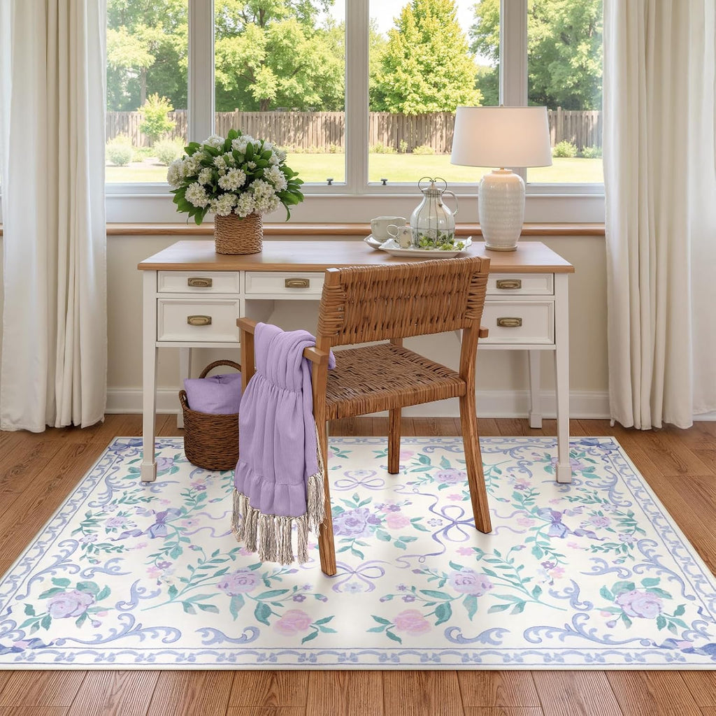 4x6 Purple Floral and Bow Washable Nursery Rug for Girls Bedroom