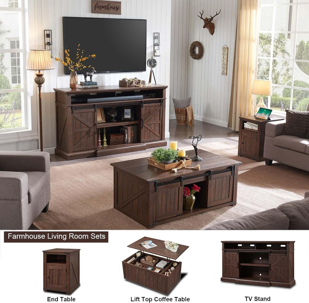 Farmhouse TV Stand for 80 Inch TVs, 37.4"Tall Entertainment Center w/Storage Cabinets and Sliding Barn Door, Media