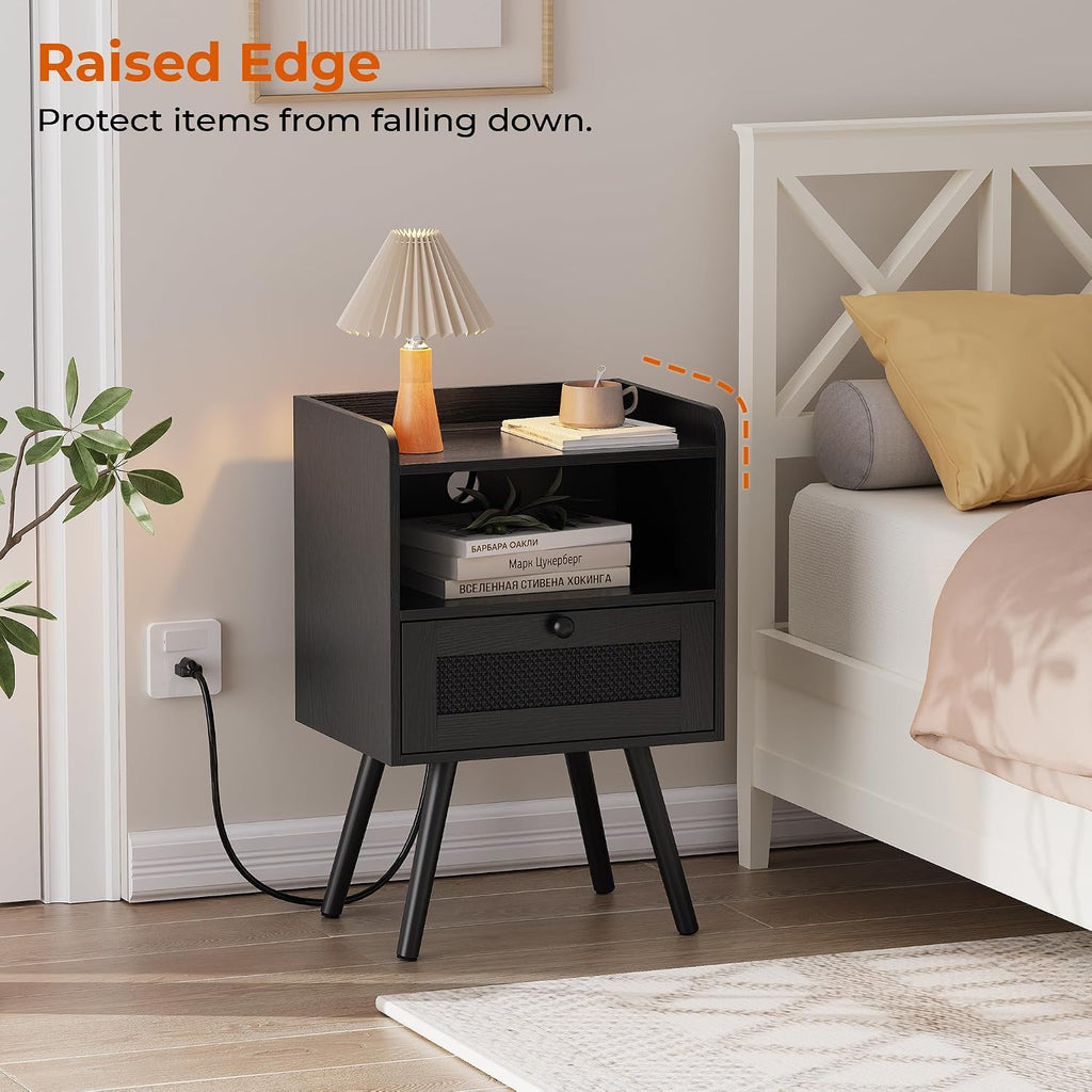 Nightstands with Charging Station, Bedside Table Set of 2 with Texilene Surface Drawers, Rattan Side Table with