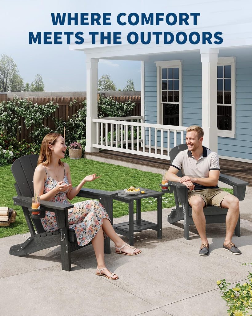 HDPE Folding Adirondack Chair Set of 2 with Side Table, Grey | All Weather Resistant Outdoor Chair with Wood Texture&