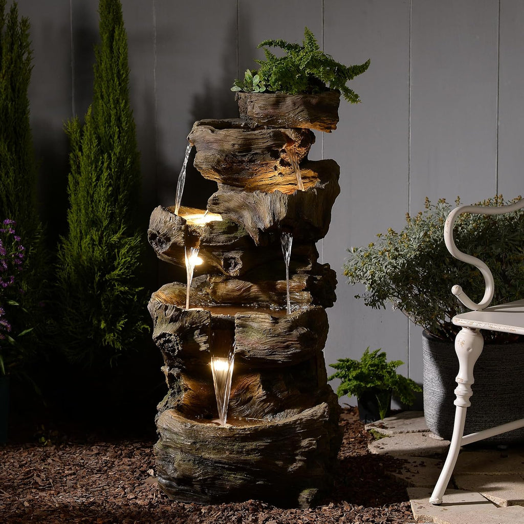 40" H Outdoor Water Fountain with 5 Tiers Large Cascading Realistic Tree Trunk Waterfall Fountains with LED Lights