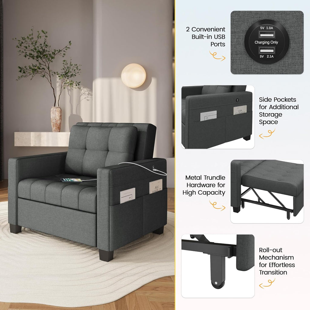Sleeper Chair, Converts to Bed with USB Ports & Pocket, Dark Gray | Futon, Lounge Chair Fabric Sofa Bed 3-in-1