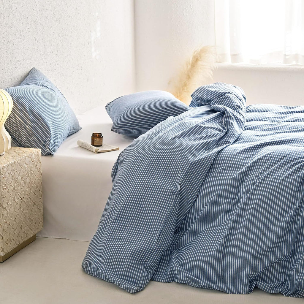 Striped Cotton Duvet Cover Set, 100% Washed Cotton Textured Bedding Set, Ticking Stripe Pinstripe Farmhouse, 3