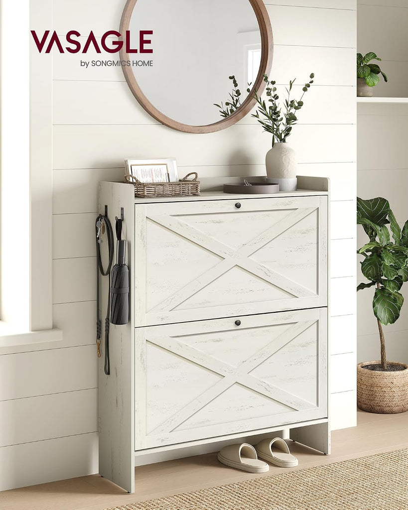 Shoe Storage Cabinet Organizer with 2 Flip Drawers, Freestanding Narrow Shoe Rack Cabinet , Farmhouse Style, Fits 14