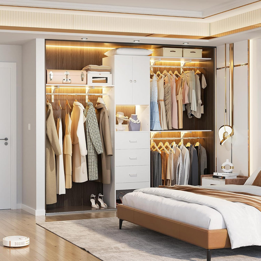 96 Inches Closet System with Doors, 8FT Walk In Closet Organizer with 3 Shelving Towers, Heavy Duty Clothes Garment