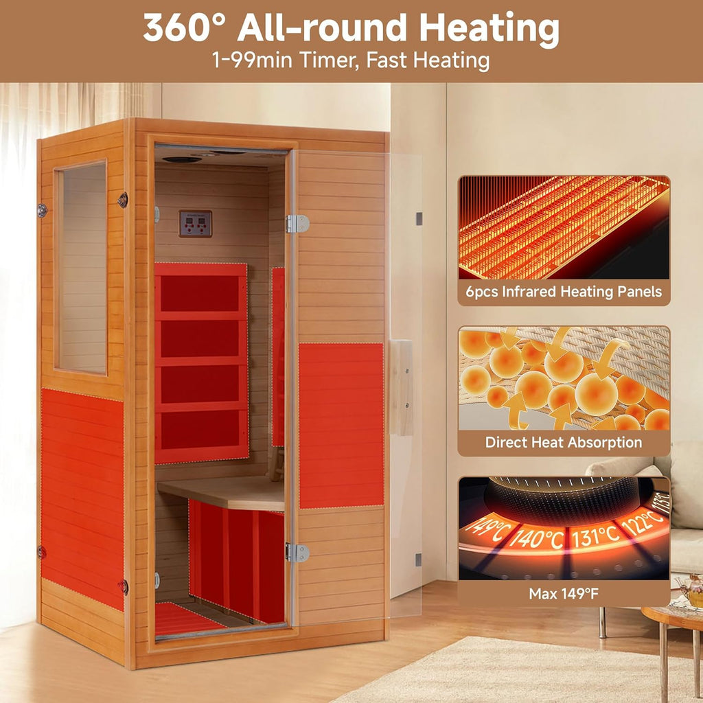 Infrared Sauna Home Sauna, Indoor Far Infrared Saunas for Home, 1 Person Canadian Hemlock Wooden Spa Room