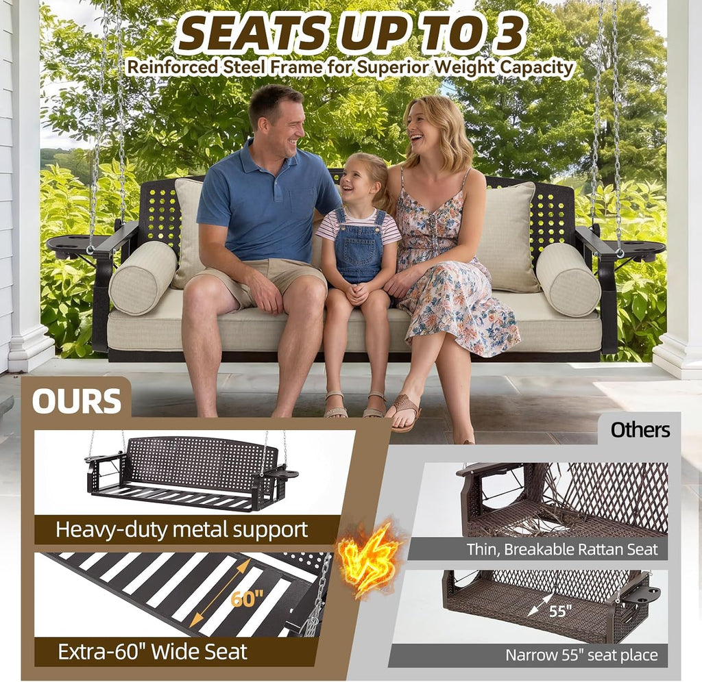 3 Seat Hanging Porch Swing, Patio Swing Bench with Cup Holders & 3 Back Cushions, Swing Chair with Chains for Deck