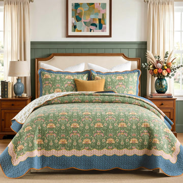 100% Cotton Quilt Set, Vintage Farmhouse Floral, Sage Green
