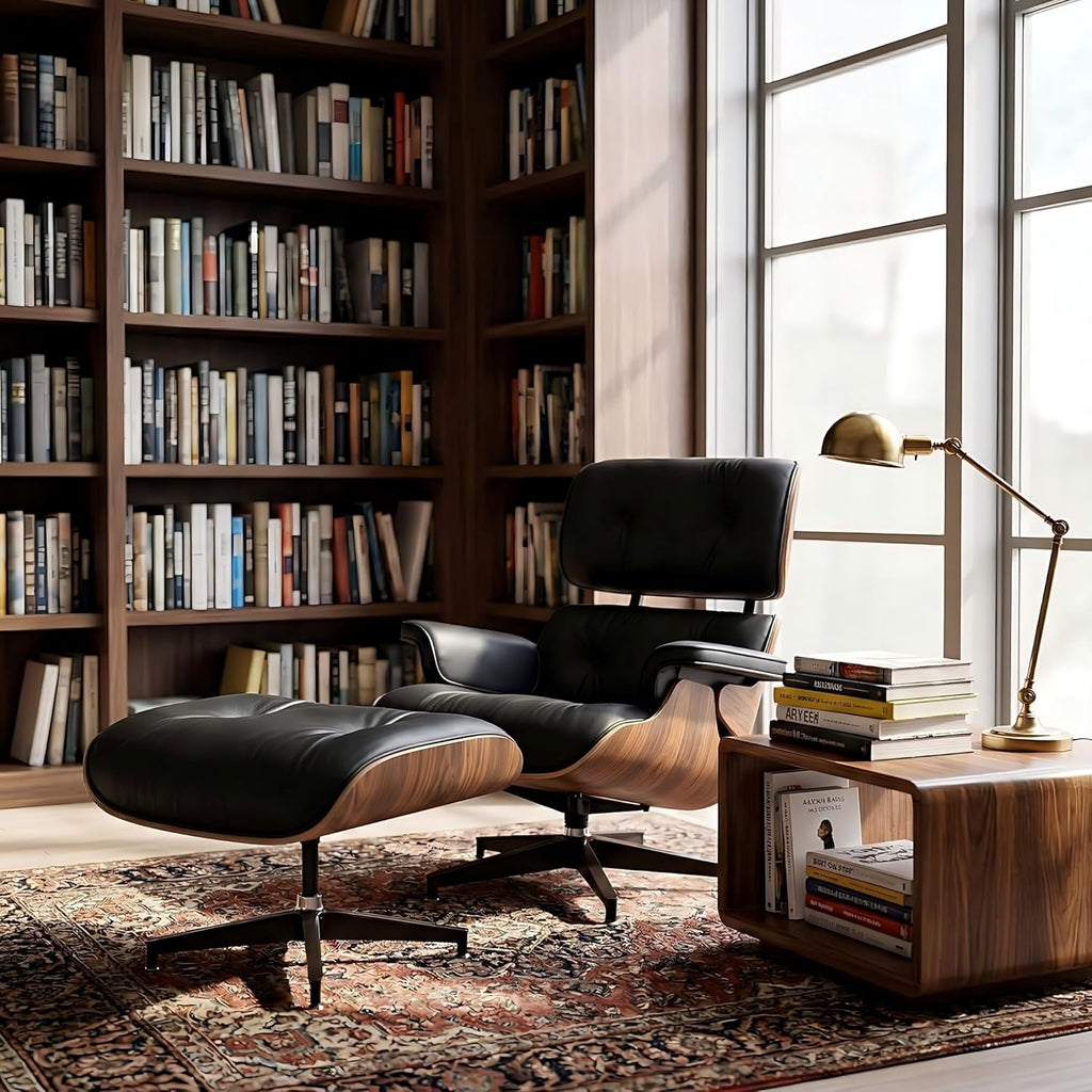 Mid-Century Modern Lounge Chair & Ottoman — Black Bonded Grain Leather, Walnut Base, Wide Tall Back