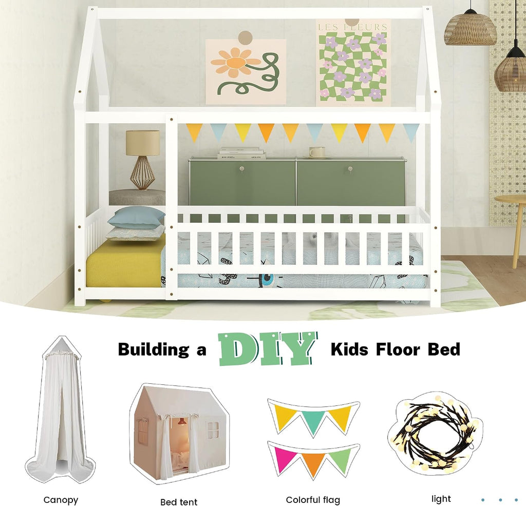 Twin Size House Floor Bed,Wooden Montessori Bed with Fence and Roof for Kids,Twin Bed Frame for Boys,Girls(Twin,White)