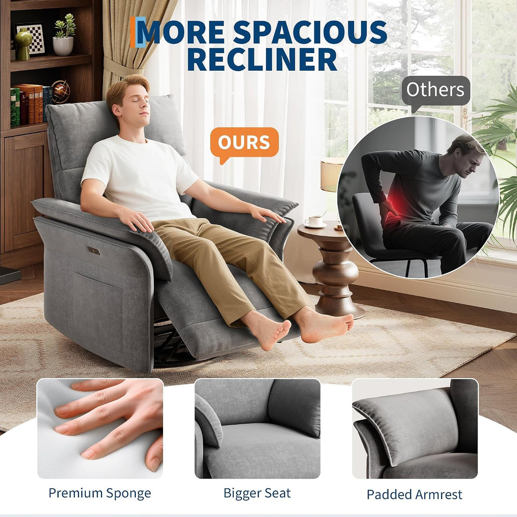 Power Recliner Glider Chair with Smooth Swivel and Rocking Motion Adjustable Recline USB Charging Port Premium