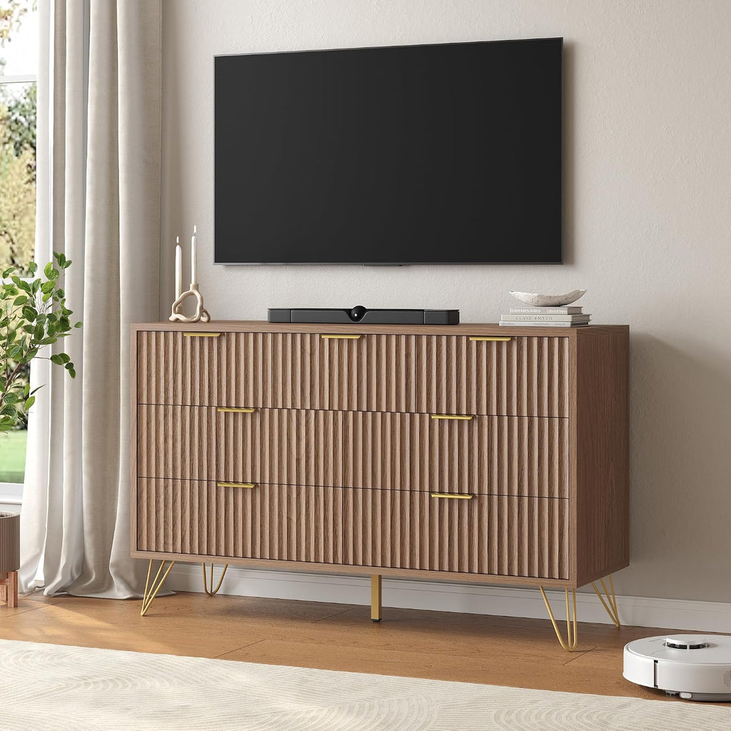 Fluted 7 Drawers Dresser , Wood Dressers with Scratch-Proof Golden Handles, Natural Curved Profile, Modern Chest
