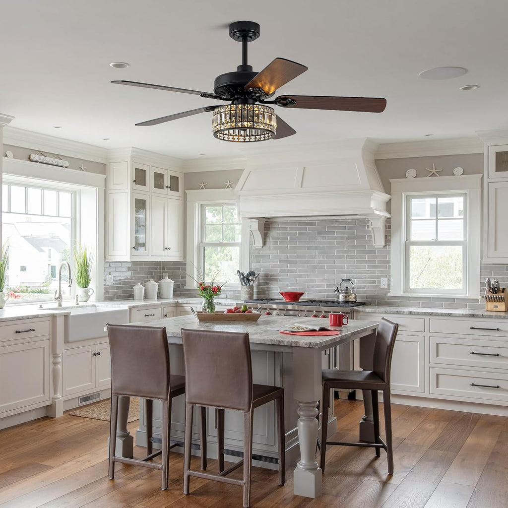 52" Black Crystal Ceiling Fan with Light, Modern Chandelier Fan with Remote