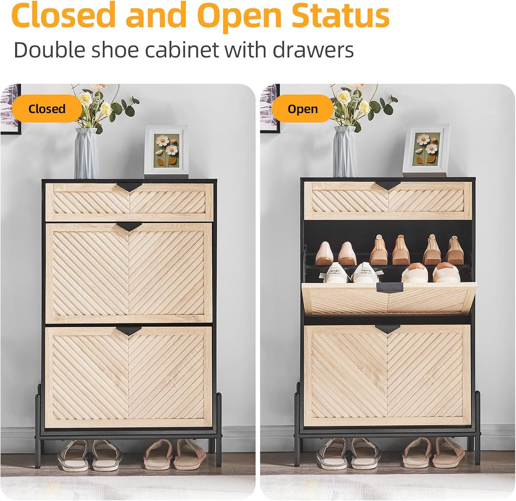 Shoe Cabinet Storage with 2 Flip Drawers, Narrow Hidden Shoes Organizer Cabinet , Freestanding Slim Shoe Rack Front